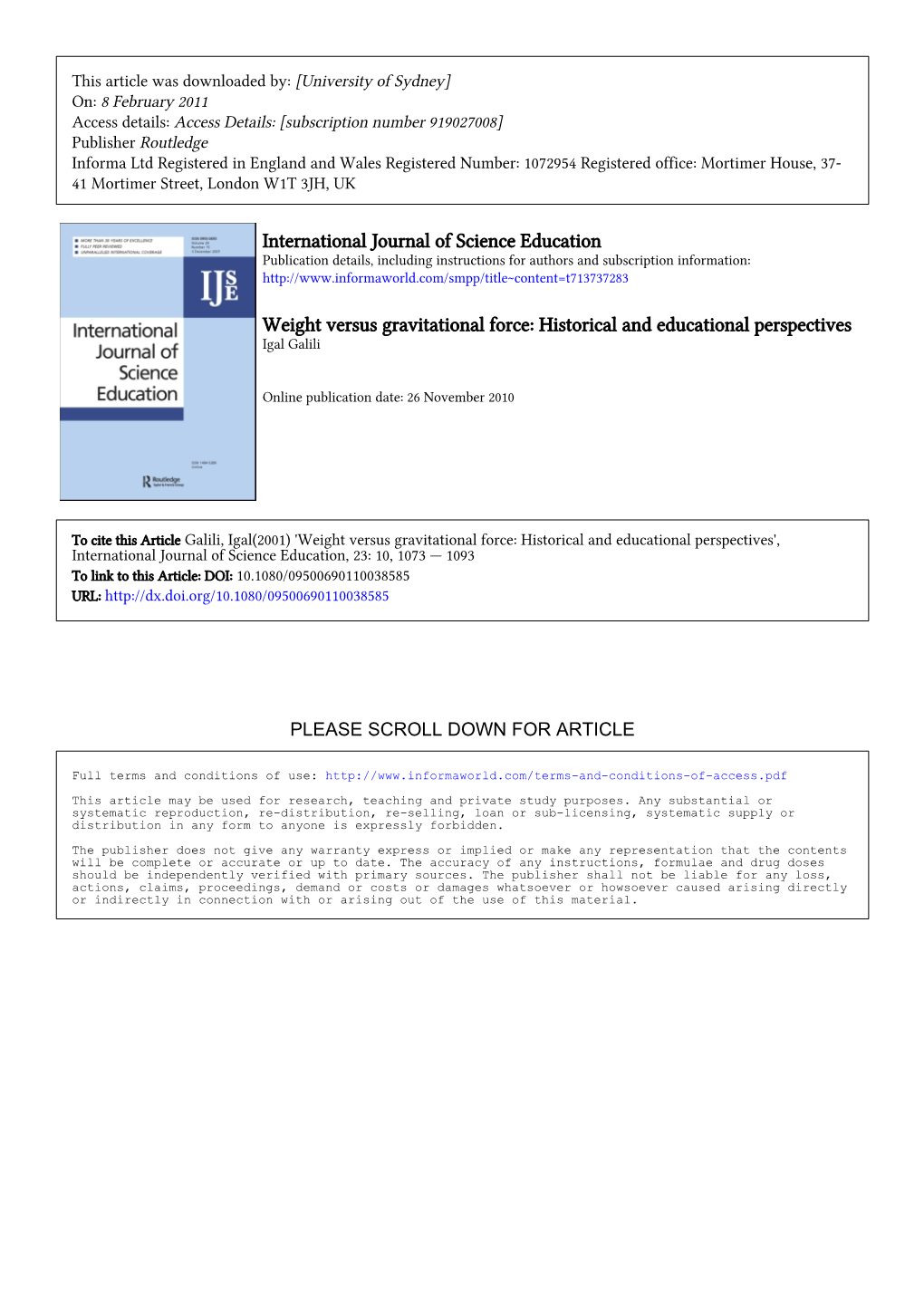 International Journal of Science Education Weight Versus Gravitational Force: Historical and Educational Perspectives