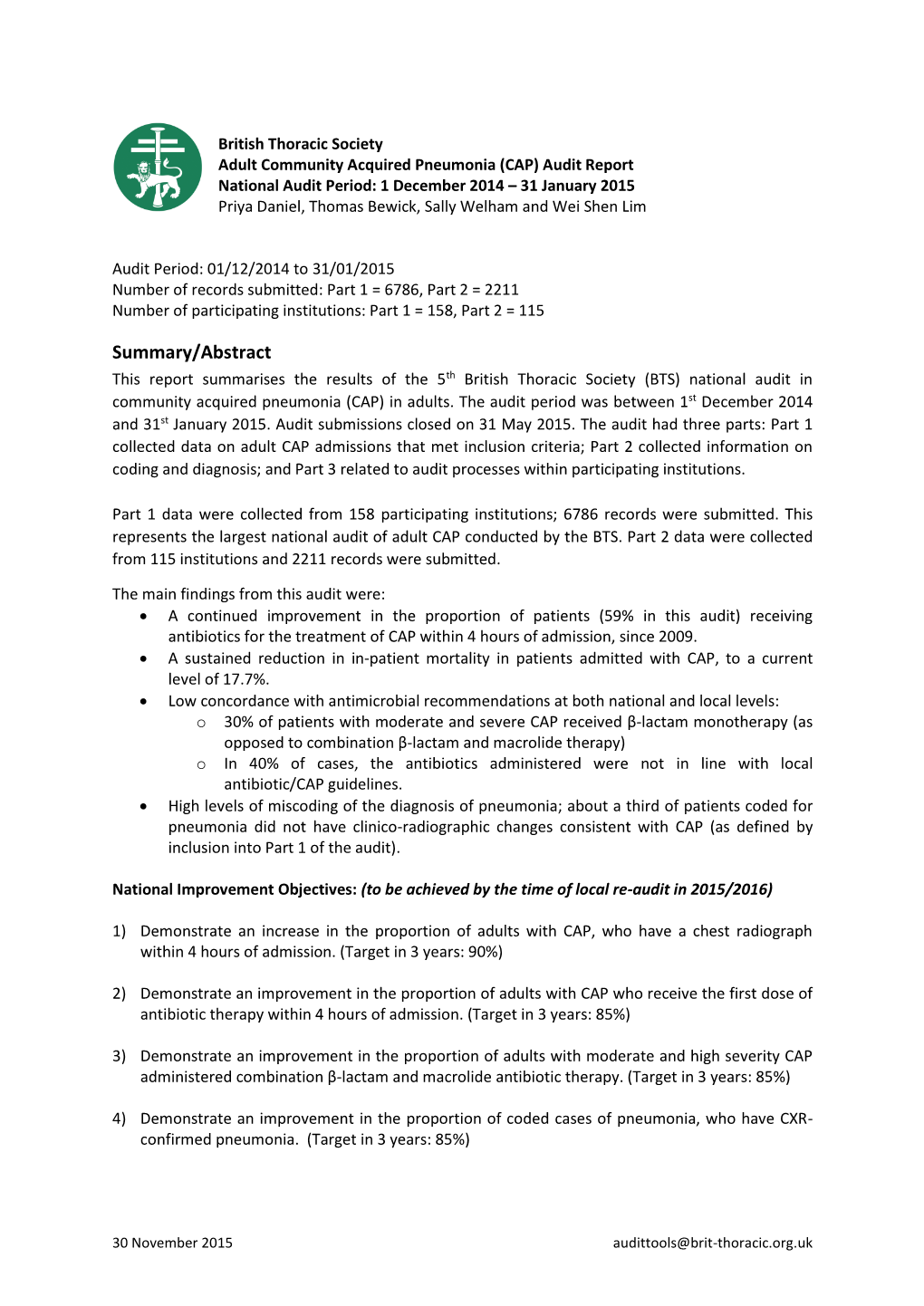 Adult Community Acquired Pneumonia 2014/15