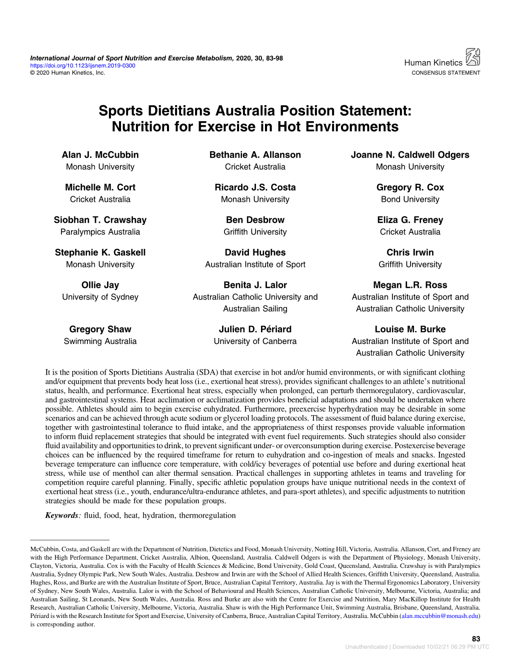 Sports Dietitians Australia Position Statement: Nutrition for Exercise in Hot Environments