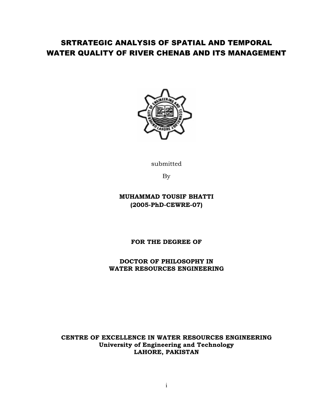 Srtrategic Analysis of Spatial and Temporal Water Quality of River Chenab and Its Management