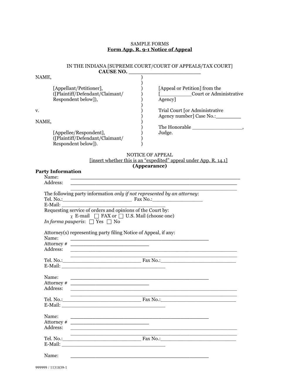 Form App. R. 9-1 Notice of Appeal