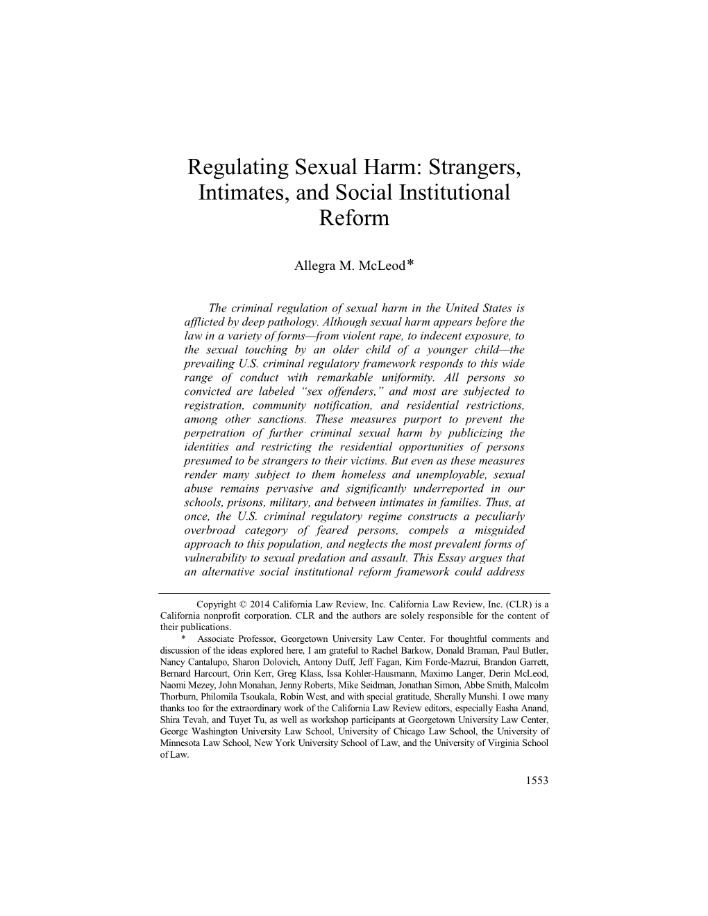 Regulating Sexual Harm: Strangers, Intimates, and Social Institutional Reform