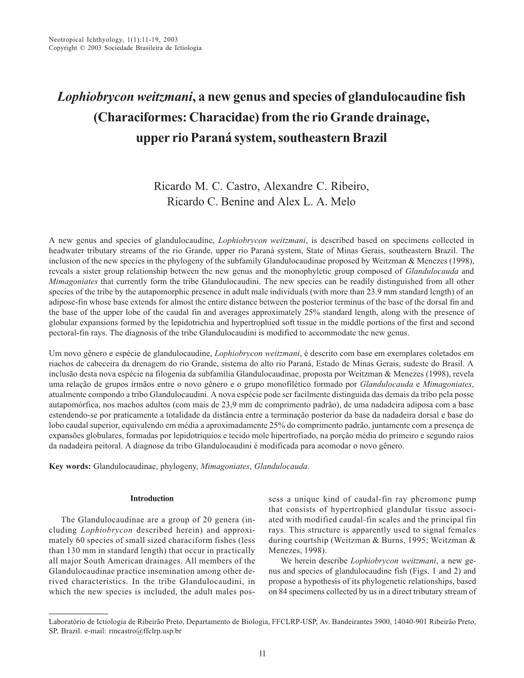 Lophiobrycon Weitzmani, a New Genus and Species of Glandulocaudine Fish (Characiformes: Characidae) from the Rio Grande Drainage