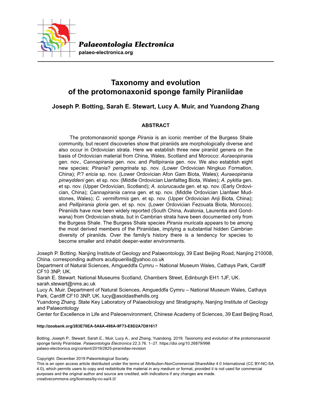 Taxonomy and Evolution of the Protomonaxonid Sponge Family Piraniidae