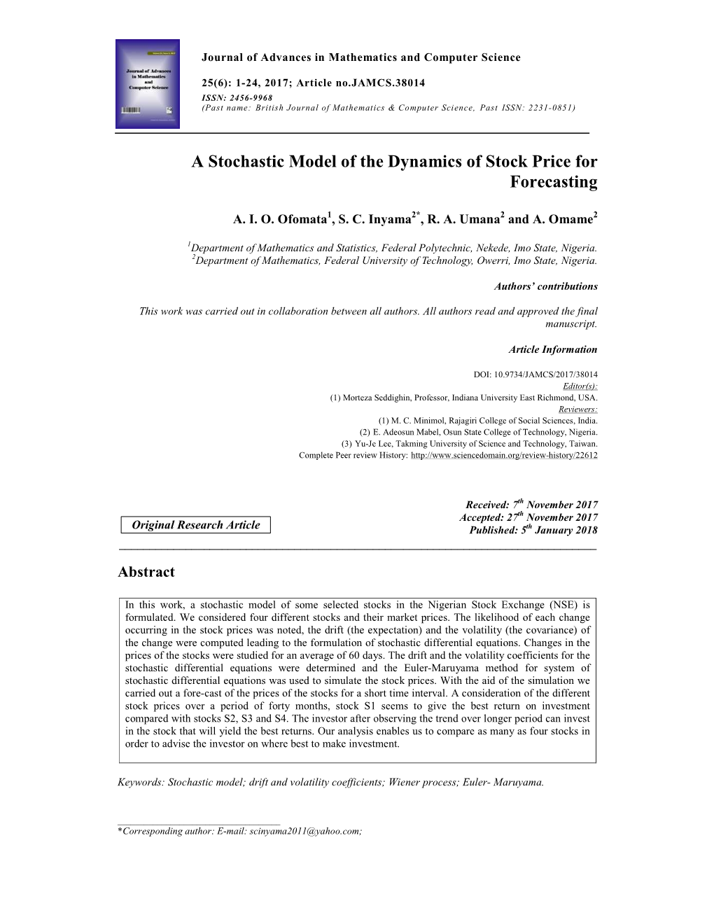 A Stochastic Model of the Dynamics of Stock Price for Forecasting
