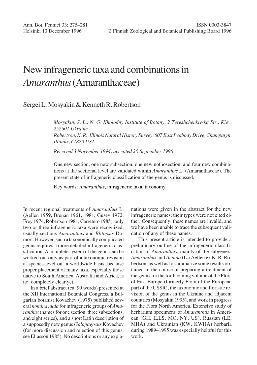 New Infrageneric Taxa and Combinations in Amaranthus (Amaranthaceae)