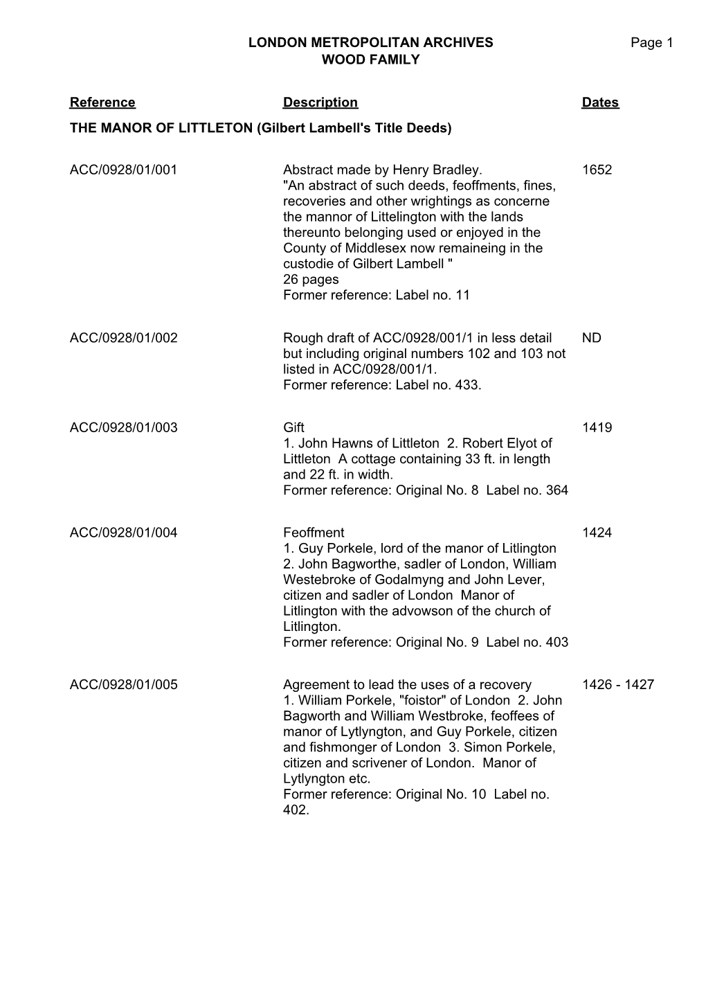 London Metropolitan Archives Wood Family Acc