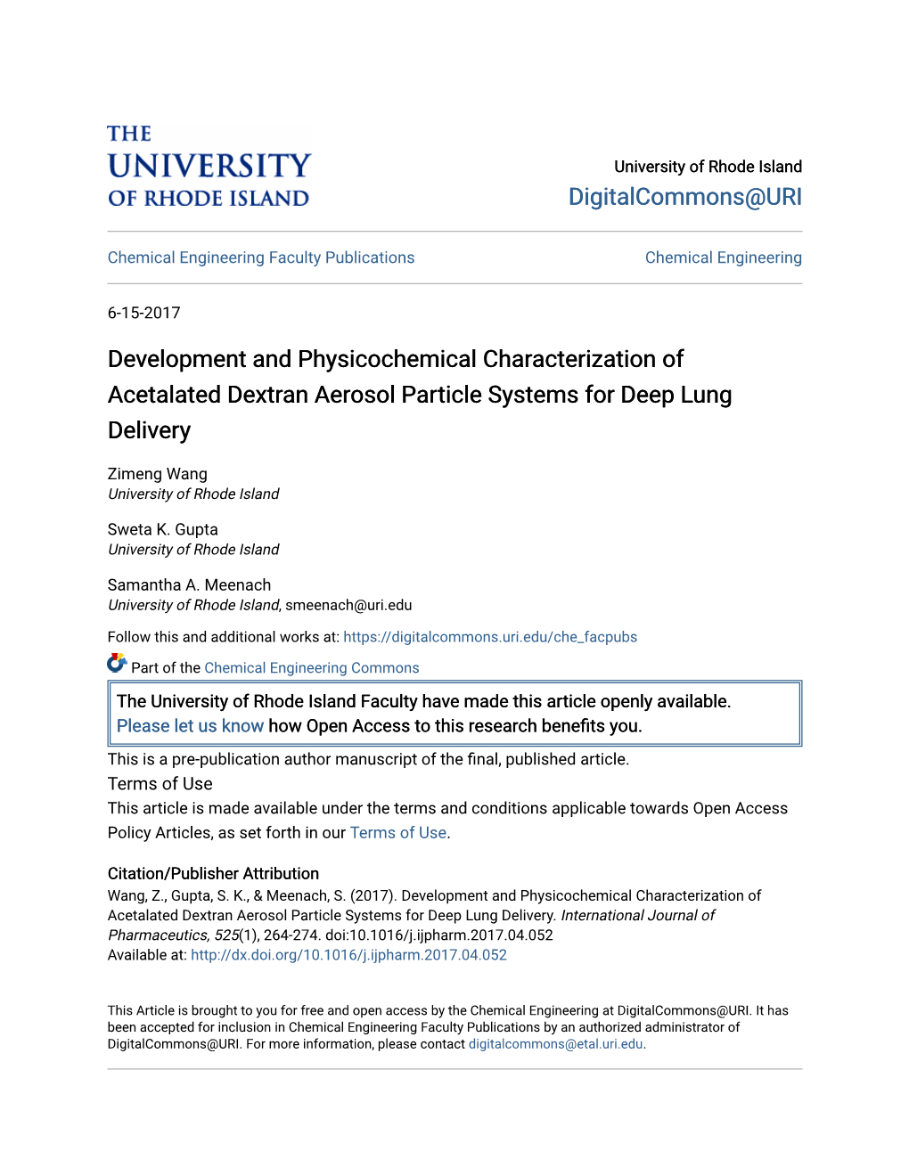 Development and Physicochemical Characterization of Acetalated Dextran Aerosol Particle Systems for Deep Lung Delivery