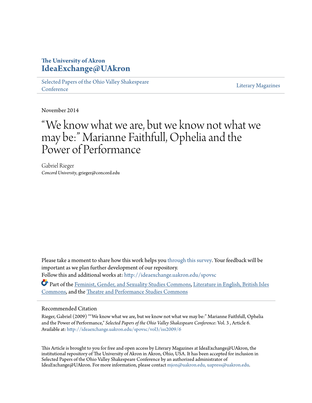 Marianne Faithfull, Ophelia and the Power of Performance Gabriel Rieger Concord University, Grieger@Concord.Edu