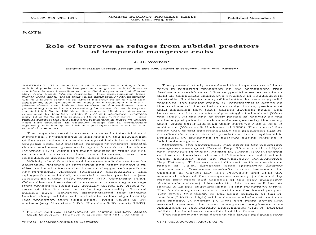 Role of Burrows As Refuges from Subtidal Predators of Temperate Mangrove Crabs