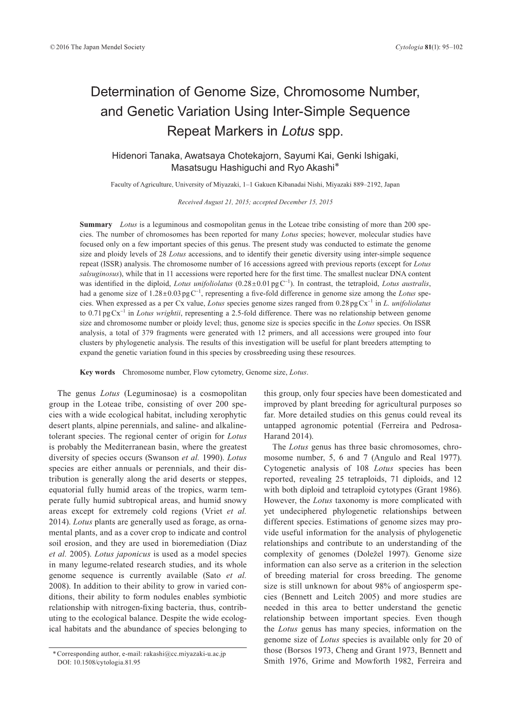 Determination of Genome Size, Chromosome Number, and Genetic Variation Using Inter-Simple Sequence Repeat Markers in Lotus Spp