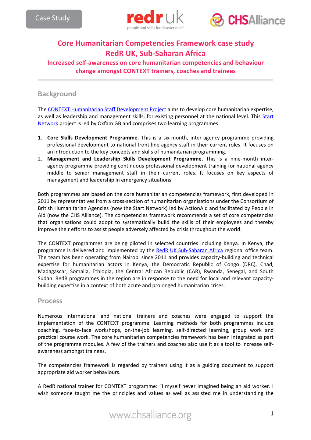 Core Humanitarian Competencies Framework Case Study Redr UK