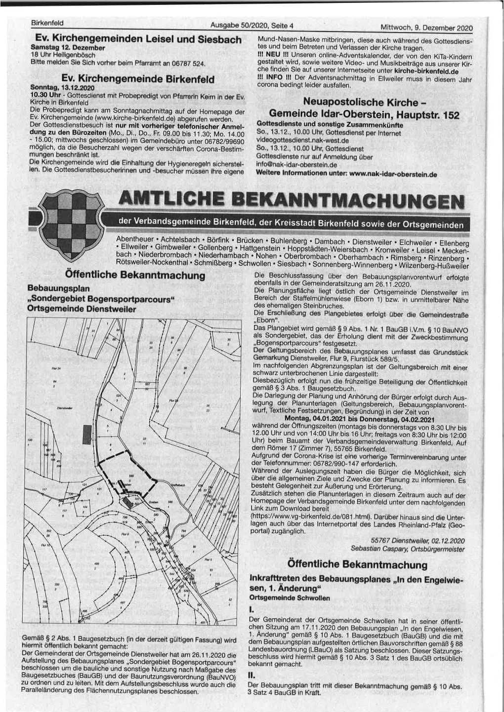 AHTTTCHE Eekahxtmacltuneen Der Verbandsgemeinde Birkenfeld, Der Kreisstadt Birkenfel D Sowie Der Ortsgemeinden