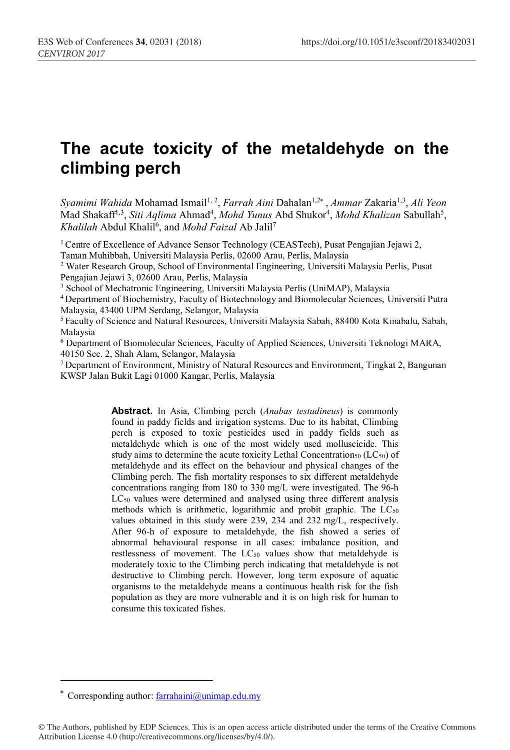 The Acute Toxicity of the Metaldehyde on the Climbing Perch