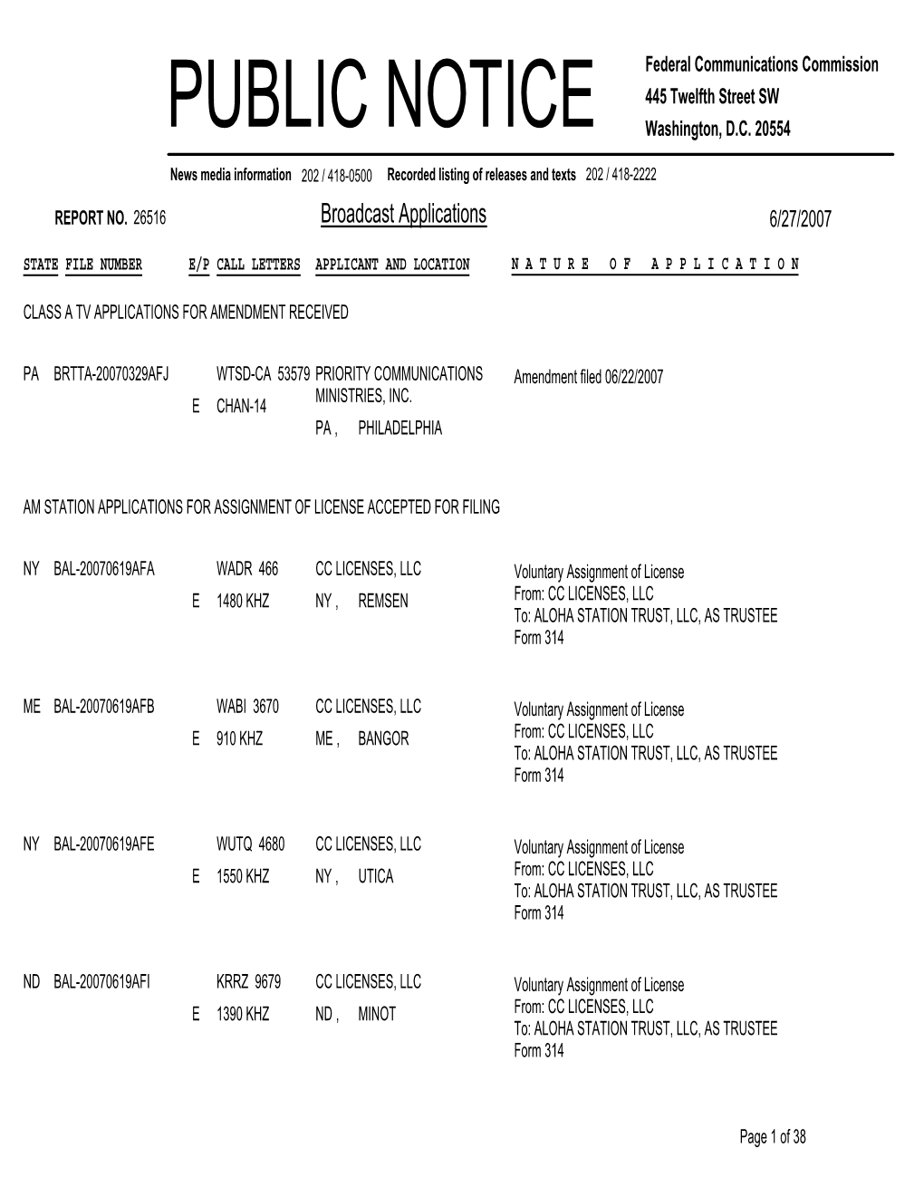 Broadcast Applications 6/27/2007