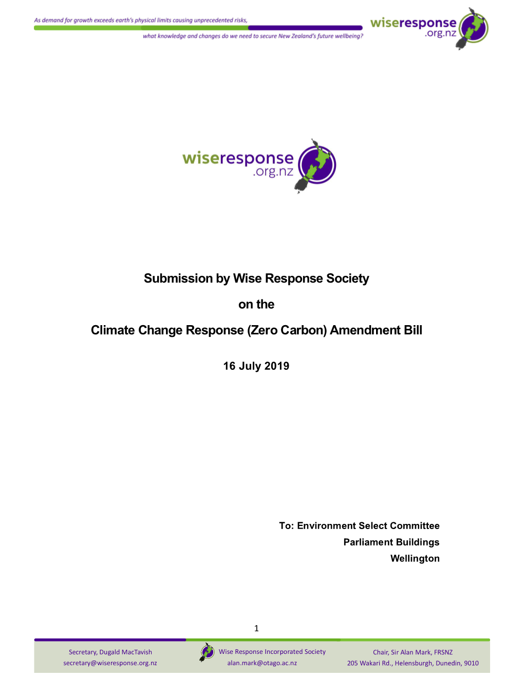 Submission by Wise Response Society on the Climate Change