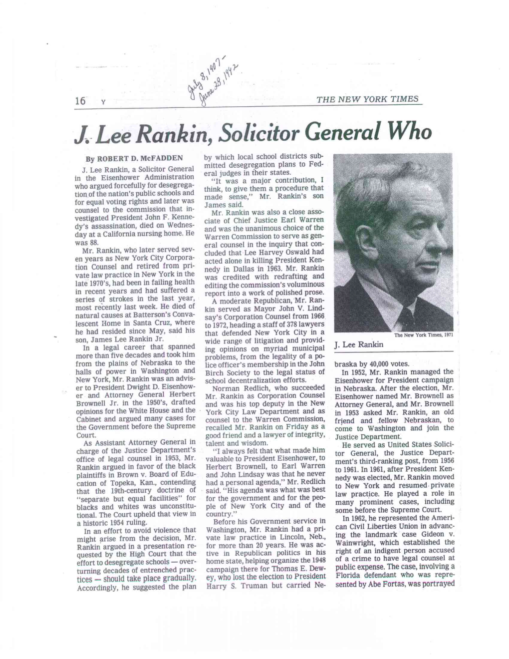 J. Lee Rankin, Solicitor General Who by ROBERT D