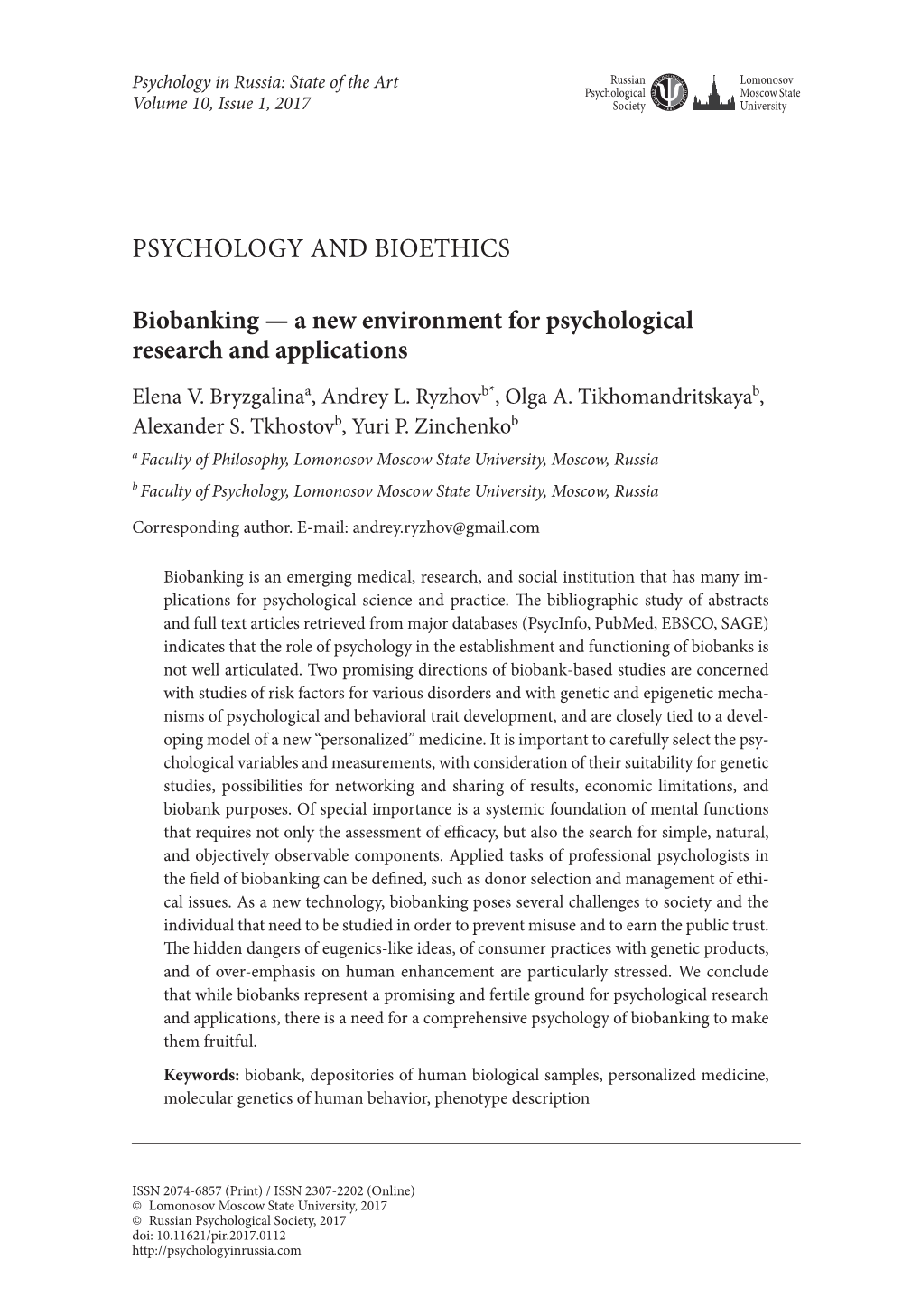 Psychology and Bioethics Biobanking — a New Environment for Psychological Research and Applications