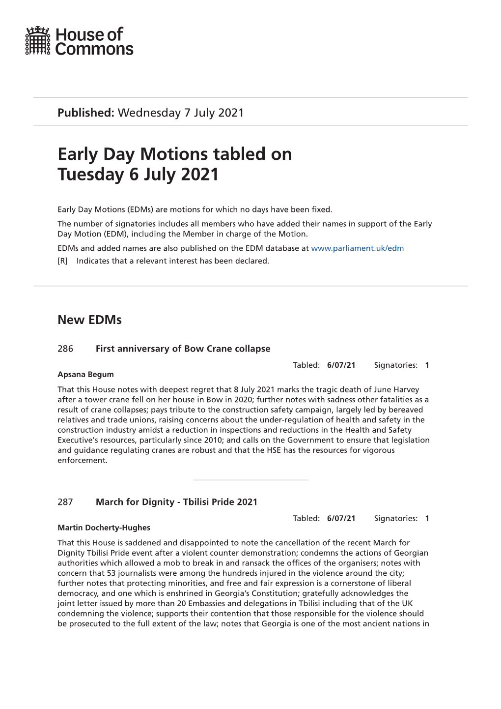 Early Day Motions Tabled on Tuesday 6 July 2021