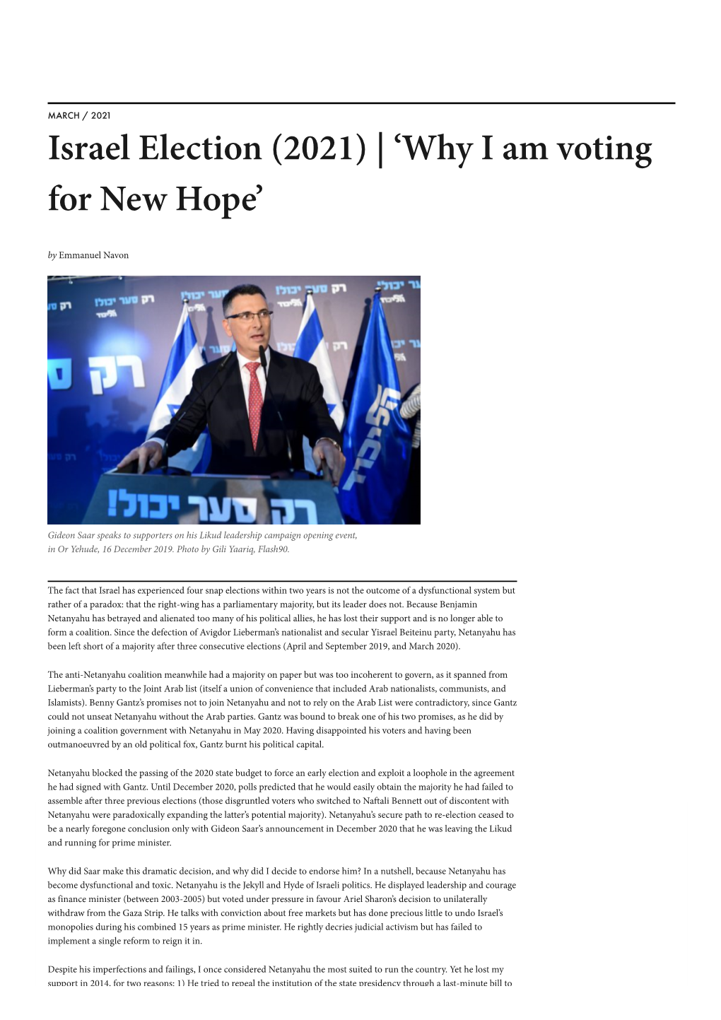 Israel Election (2021) | ‘Why I Am Voting for New Hope’ by Emmanuel Navon