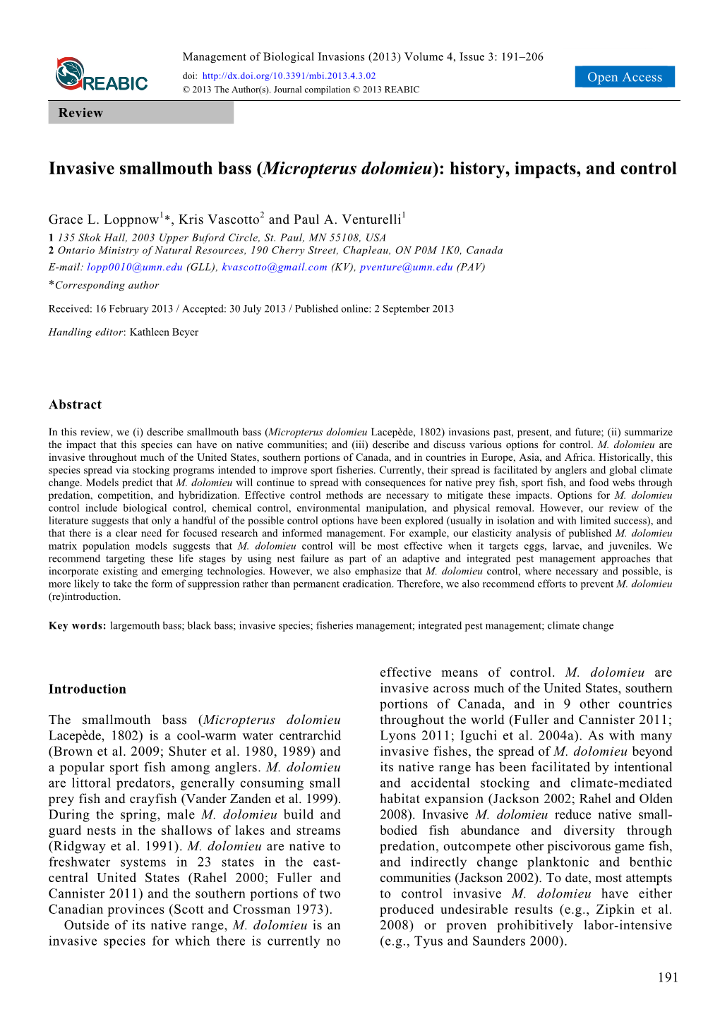 Invasive Smallmouth Bass (Micropterus Dolomieu): History, Impacts, and Control