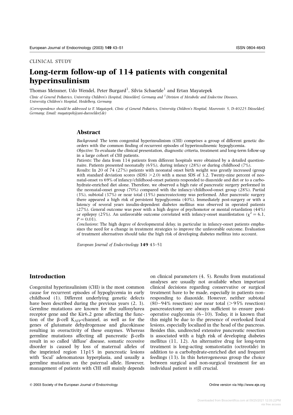 Long-Term Follow-Up of 114 Patients with Congenital Hyperinsulinism