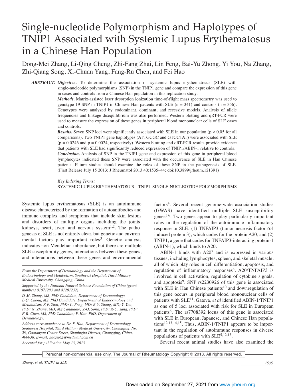 Single-Nucleotide Polymorphism and Haplotypes of TNIP1 Associated with Systemic Lupus Erythematosus in a Chinese Han Population