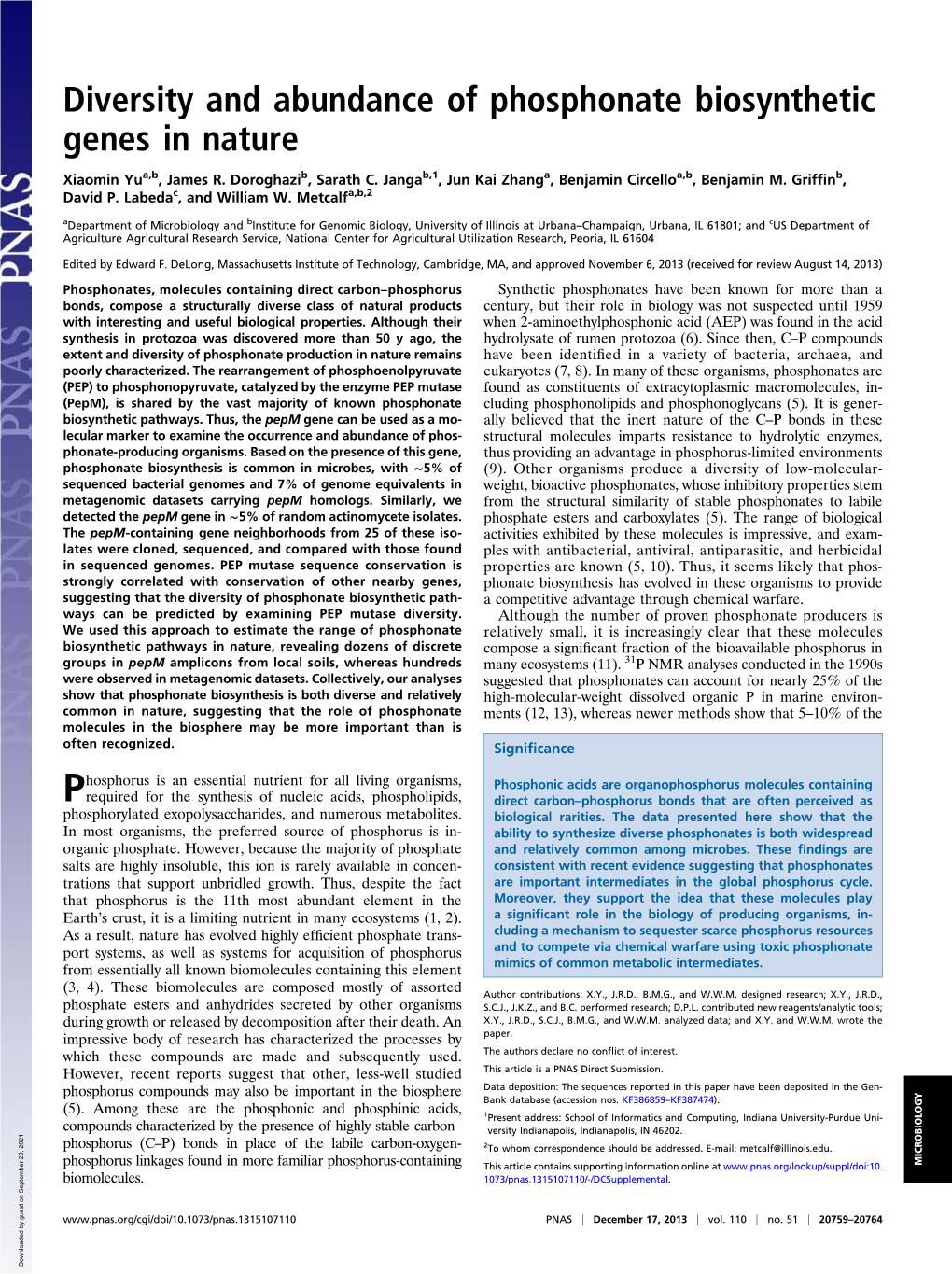 Diversity and Abundance of Phosphonate Biosynthetic Genes in Nature