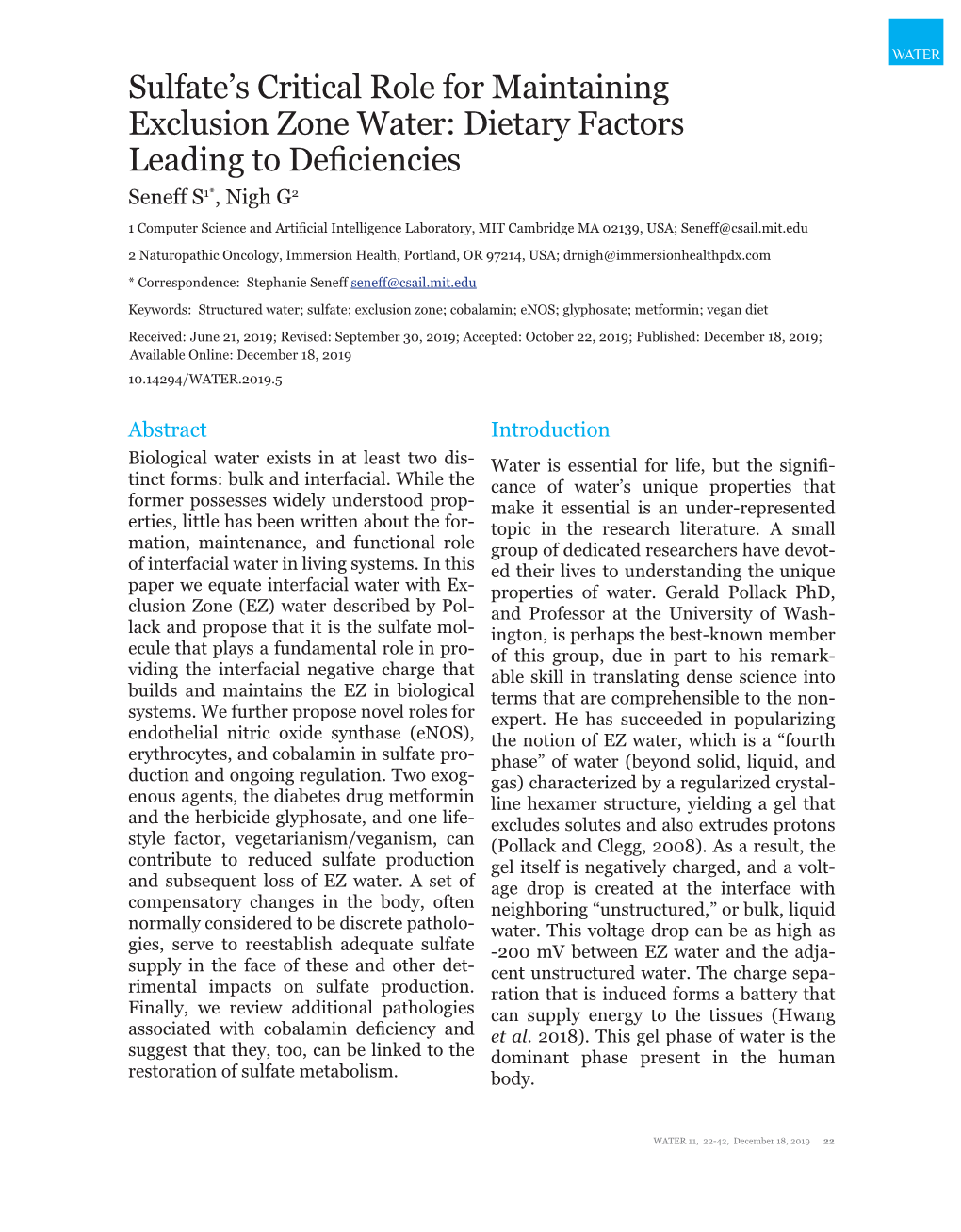 Sulfate's Critical Role for Maintaining Exclusion Zone Water: Dietary