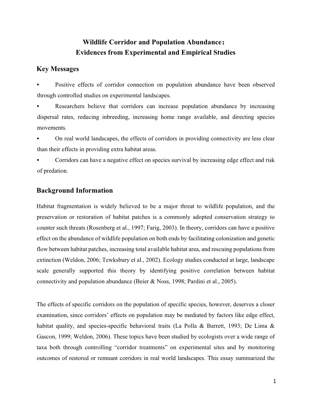 Wildlife Corridor and Population Abundance： Evidences from Experimental and Empirical Studies Key Messages Background Infor