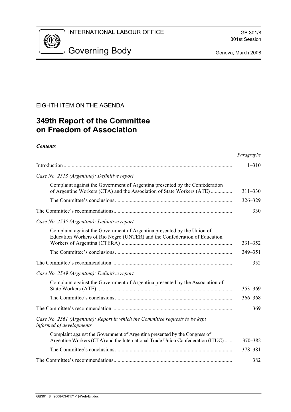 349Th Report of the Committee on Freedom of Association