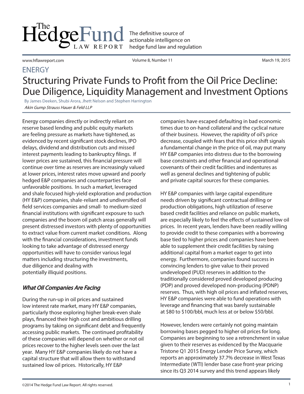 Structuring Private Funds to Profit from the Oil Price Decline-Due Diligence, Liquidity Management and Investment Options.Indd