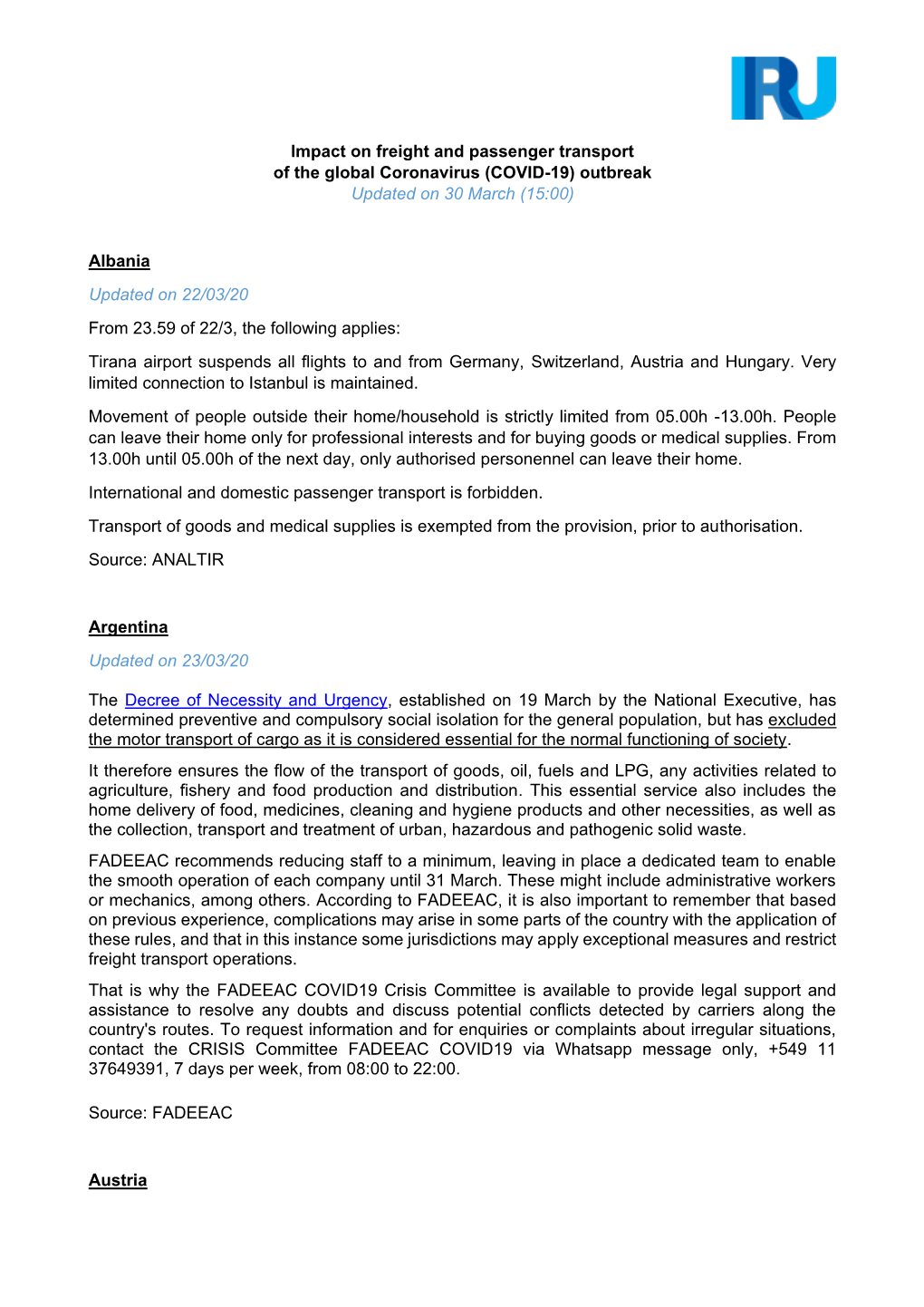 Impact on Freight and Passenger Transport of the Global Coronavirus (COVID-19) Outbreak Updated on 30 March (15:00)