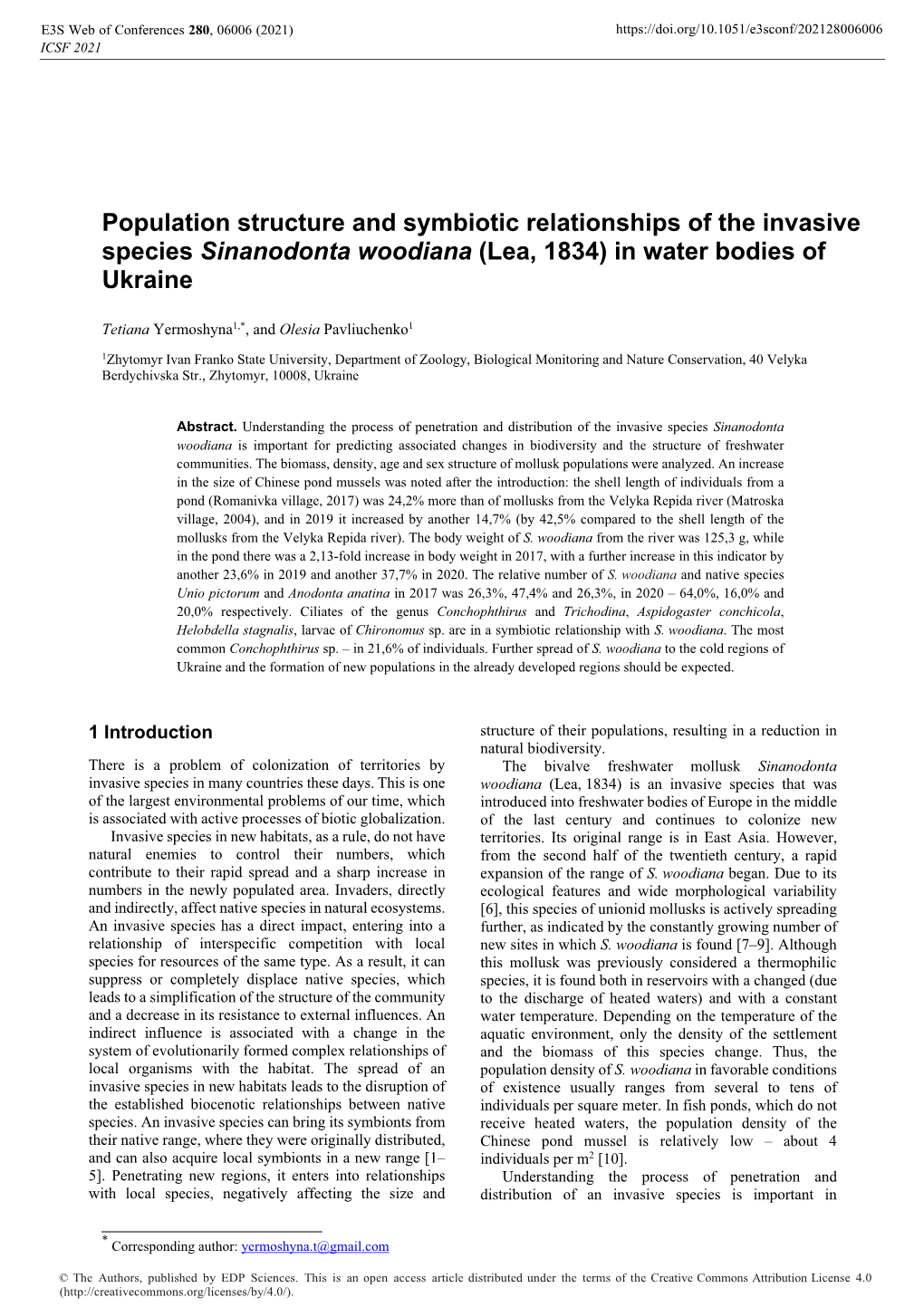 Population Structure and Symbiotic Relationships of the Invasive Species Sinanodonta Woodiana (Lea, 1834) in Water Bodies of Ukraine