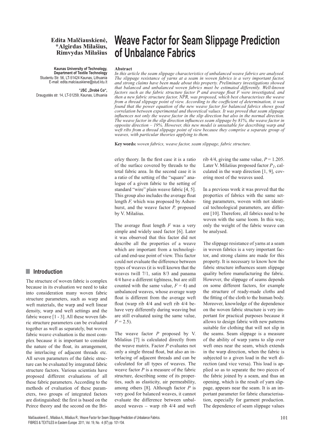 Weave Factor for Seam Slippage Prediction of Unbalance Fabrics