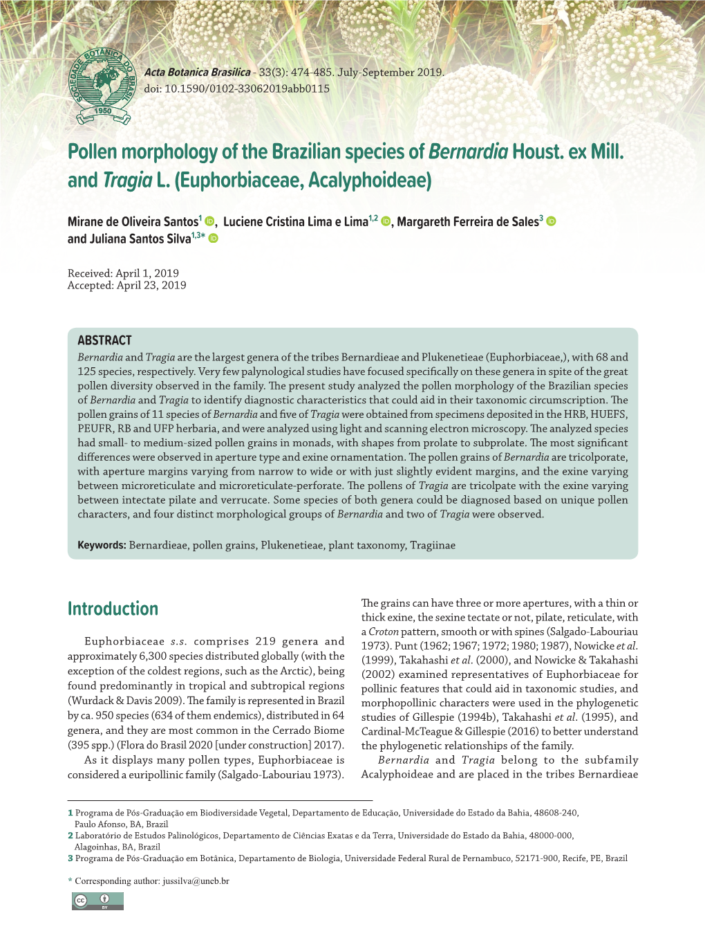 Pollen Morphology of the Brazilian Species of Bernardiahoust. Ex Mill