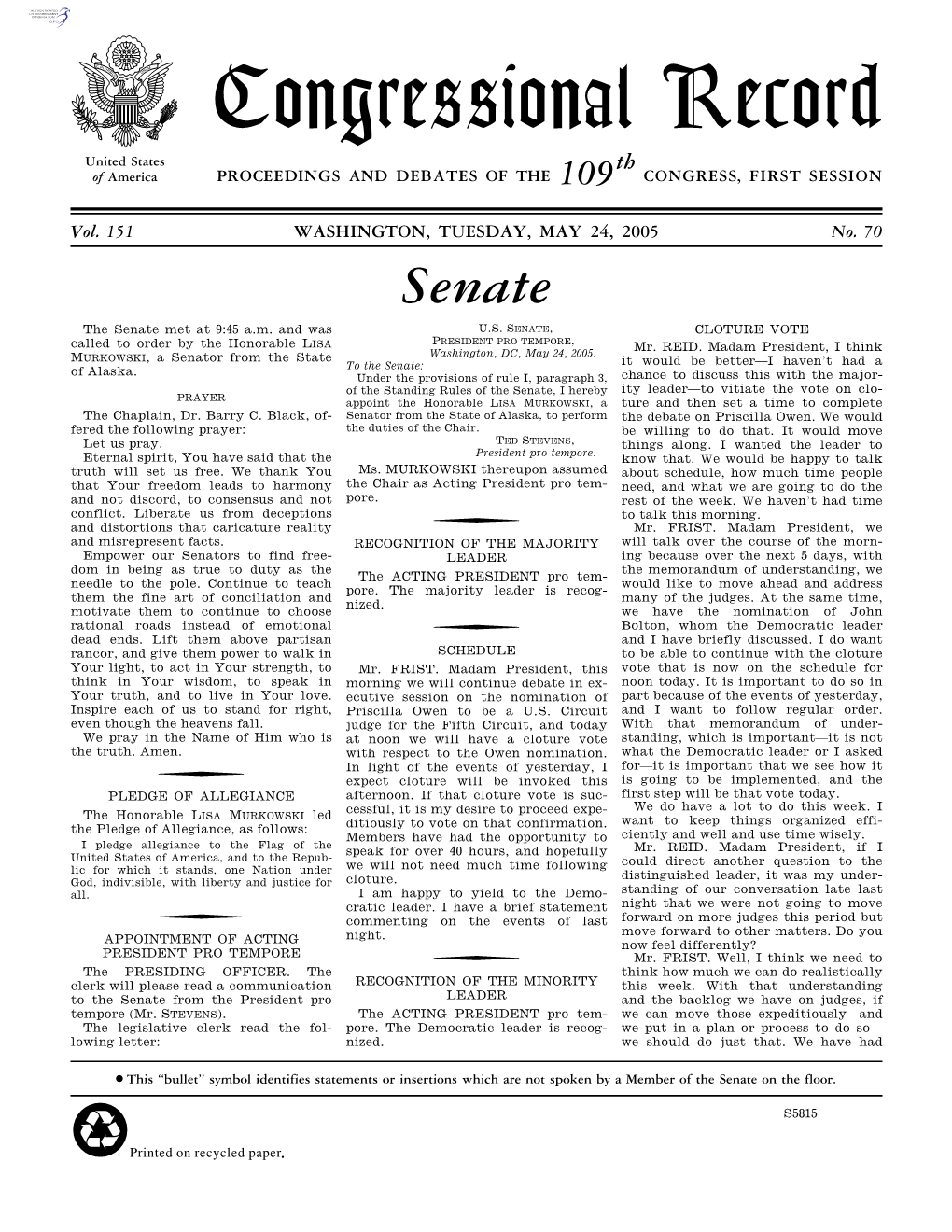 Congressional Record United States Th of America PROCEEDINGS and DEBATES of the 109 CONGRESS, FIRST SESSION