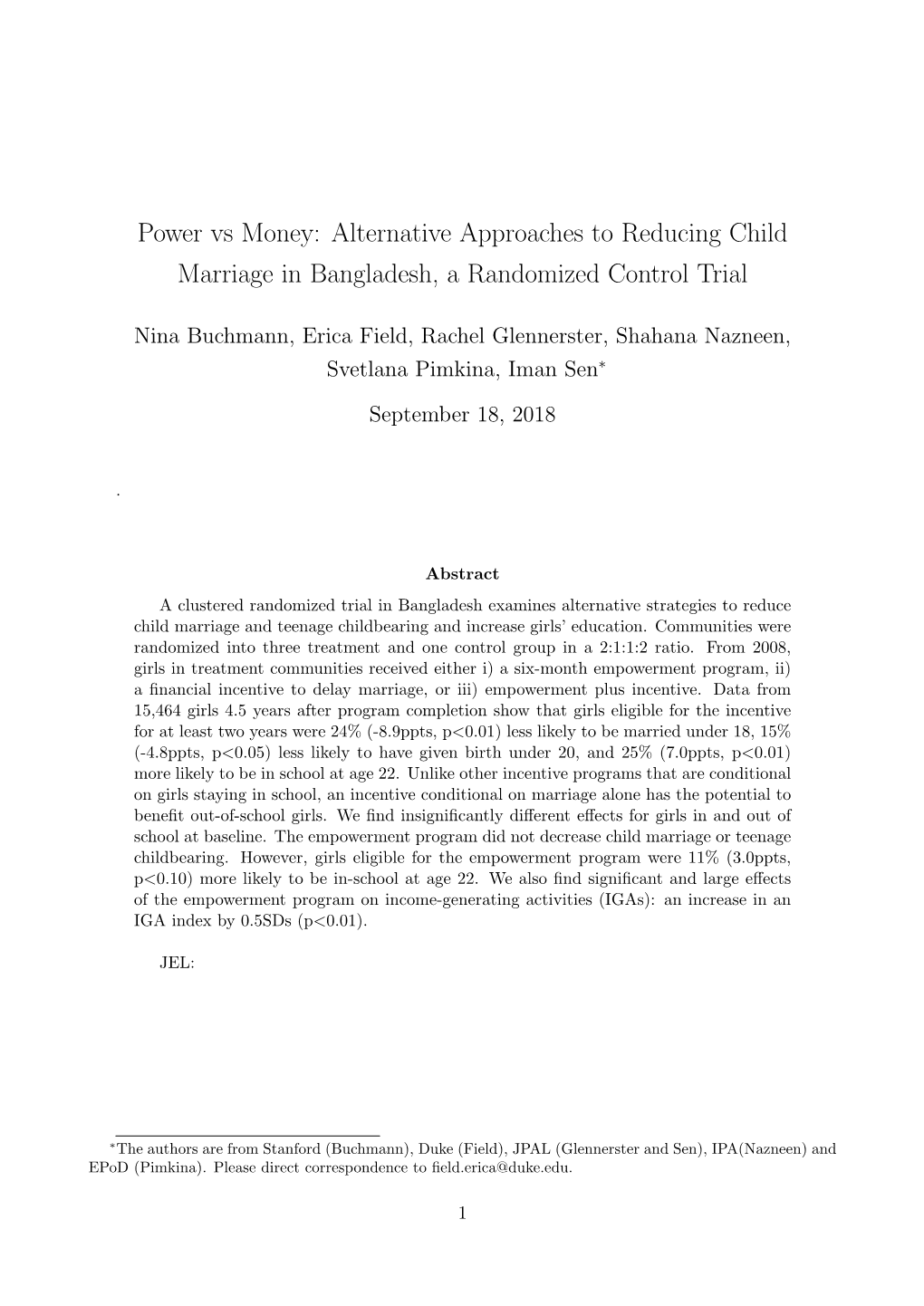 Alternative Approaches to Reducing Child Marriage in Bangladesh, a Randomized Control Trial