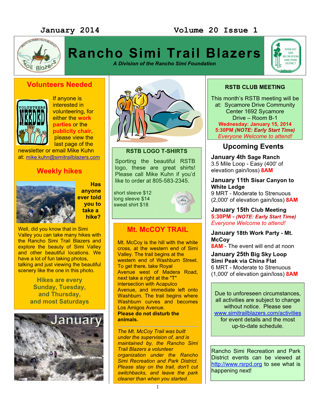 January 2014 Volume 20 Issue 1 Rancho Simi Trail Blazers a Division of the Rancho Simi Foundation