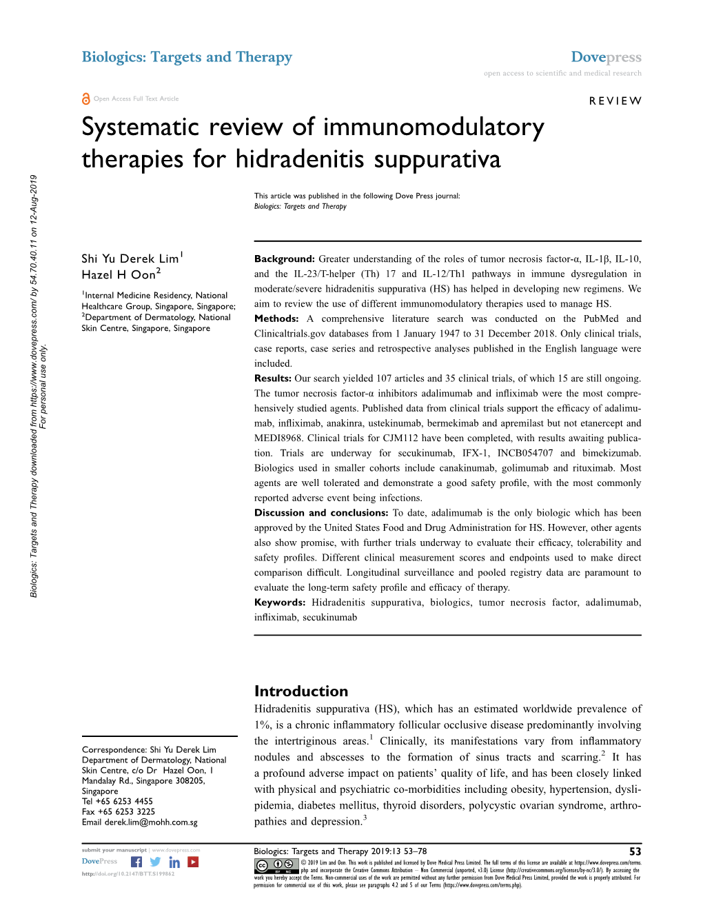 Systematic Review of Immunomodulatory Therapies for Hidradenitis Suppurativa
