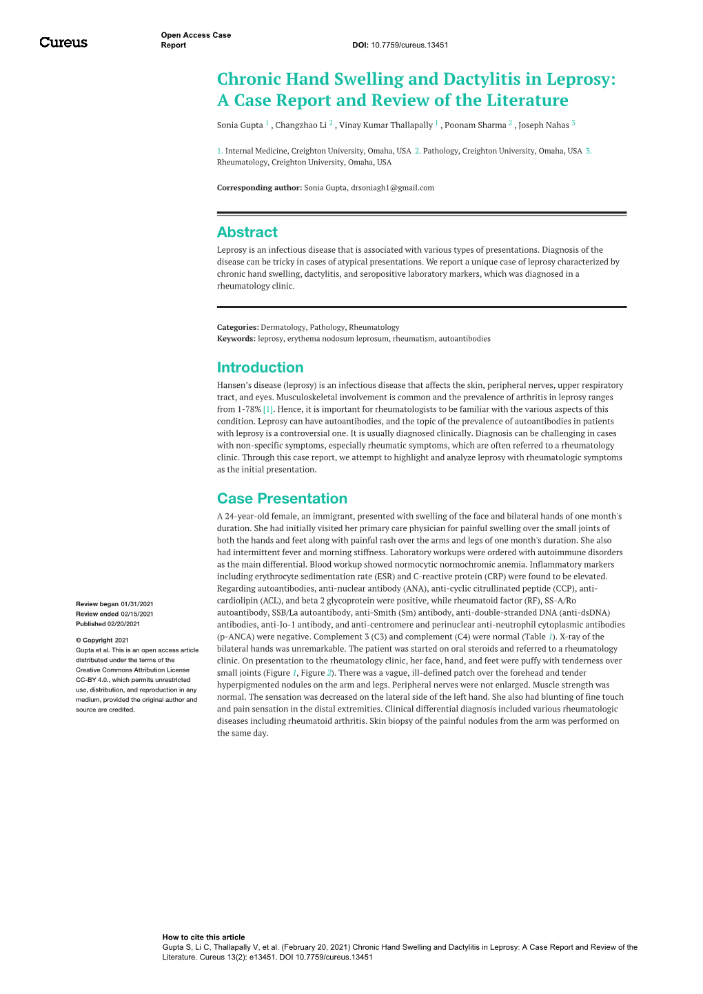 Chronic Hand Swelling and Dactylitis in Leprosy: a Case Report and Review of the Literature