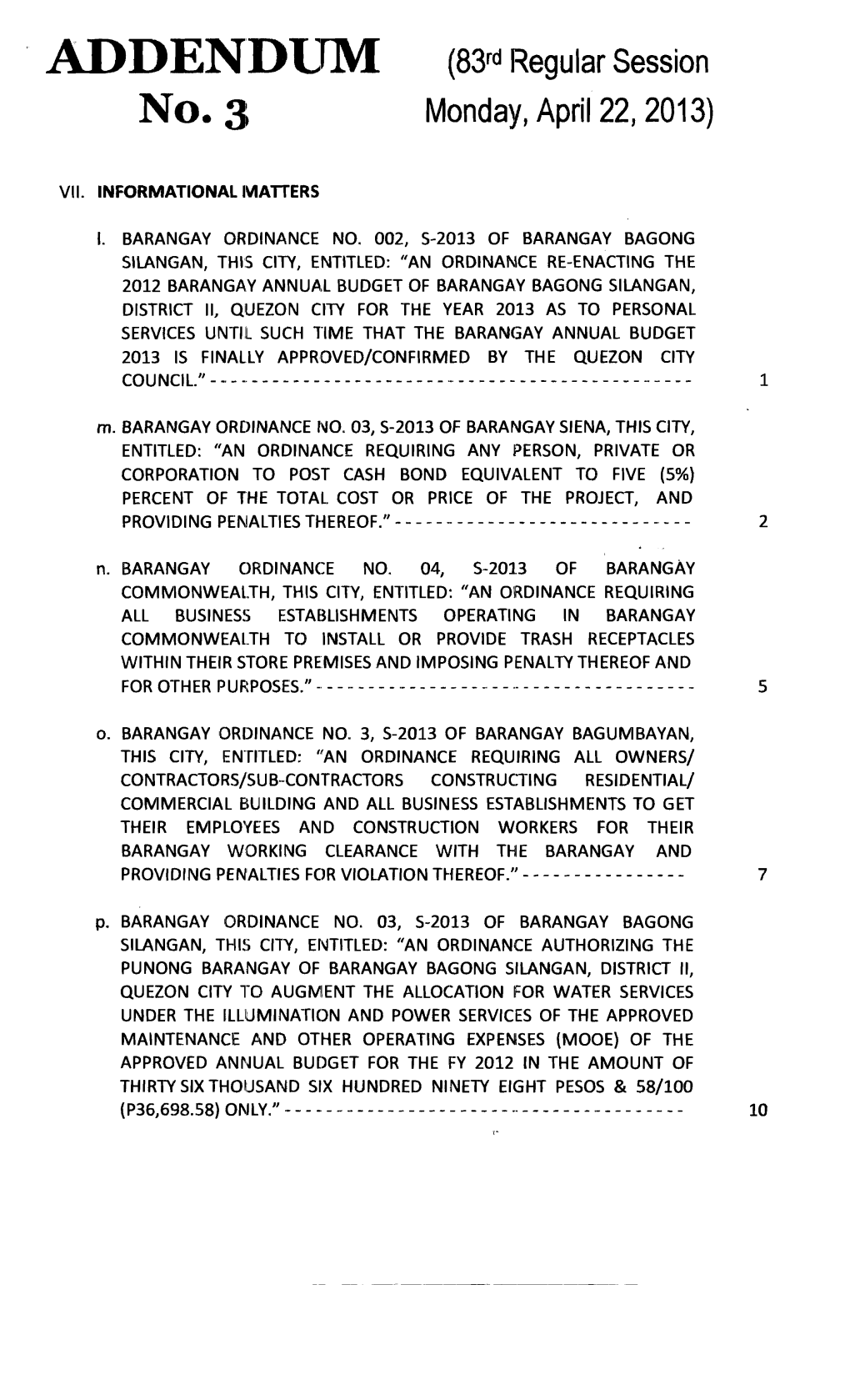 ADDENDIJM (83Rd Regular Session Monday, April 22, 2013)