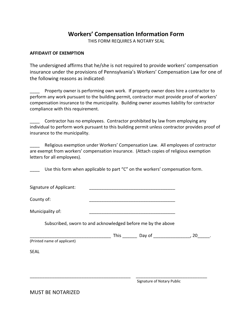 Workers Compensation Insurance Affidavit