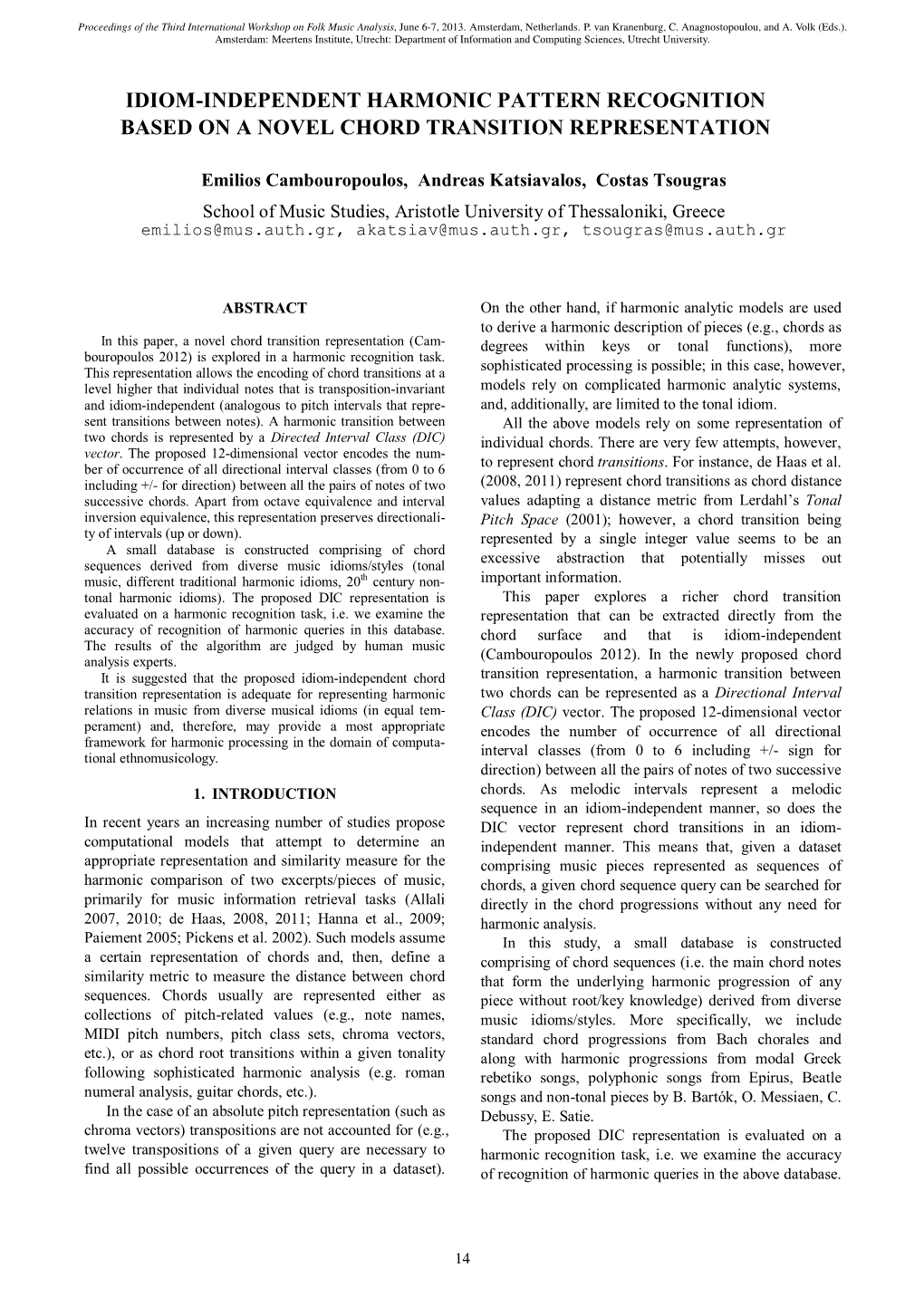 Idiom-Independent Harmonic Pattern Recognition Based on a Novel Chord Transition Representation