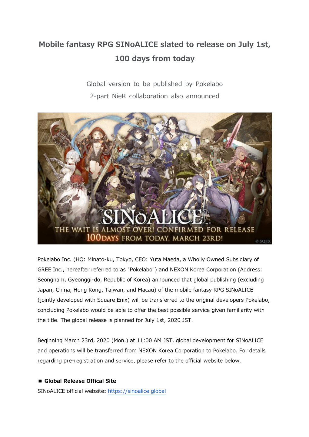 Mobile Fantasy RPG Sinoalice Slated to Release on July 1St, 100 Days from Today