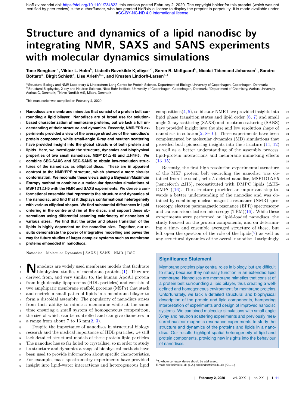 Structure and Dynamics of a Lipid Nanodisc by Integrating NMR, SAXS and SANS Experiments with Molecular Dynamics Simulations