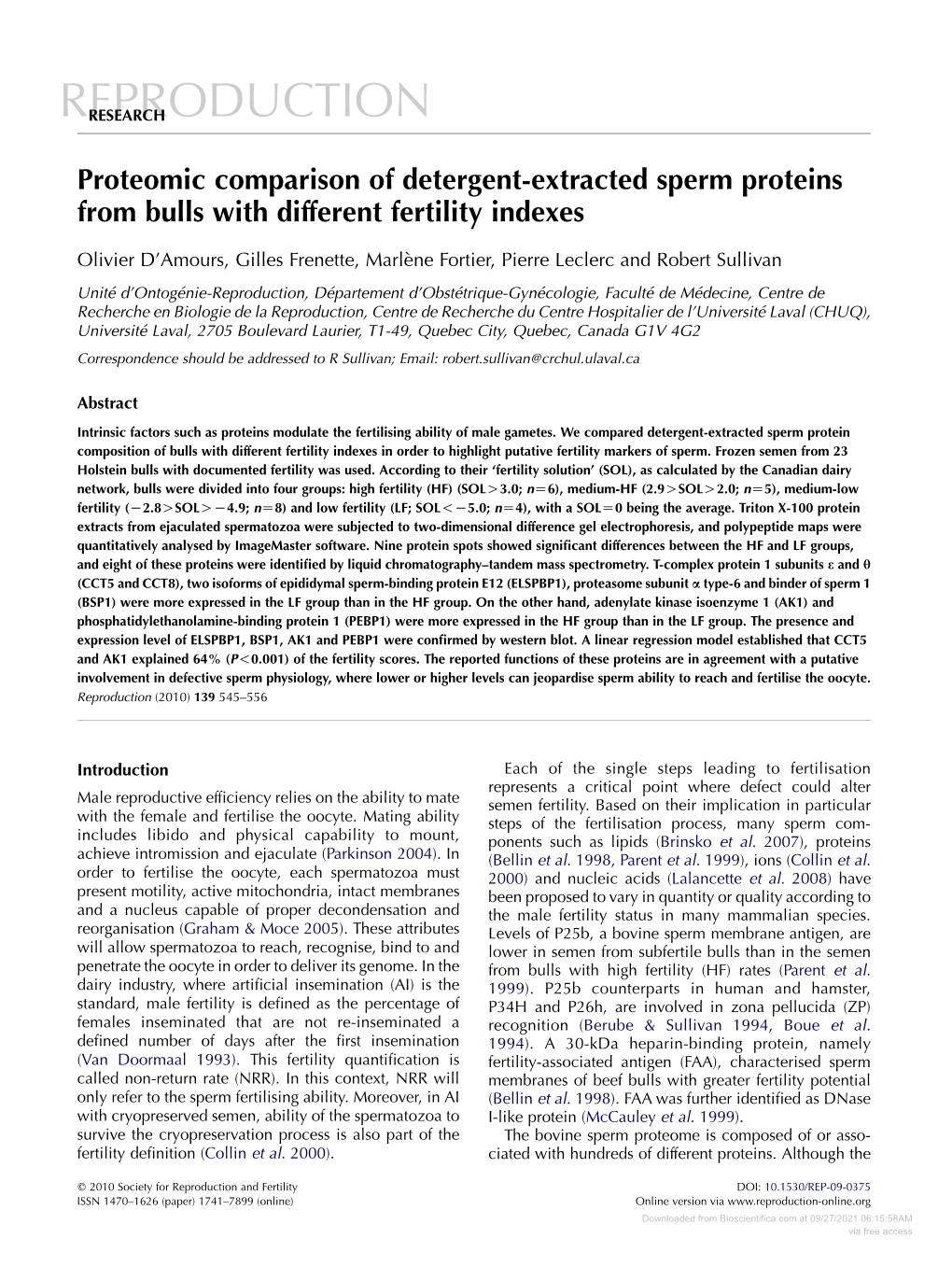 Proteomic Comparison of Detergent-Extracted Sperm Proteins from Bulls with Different Fertility Indexes