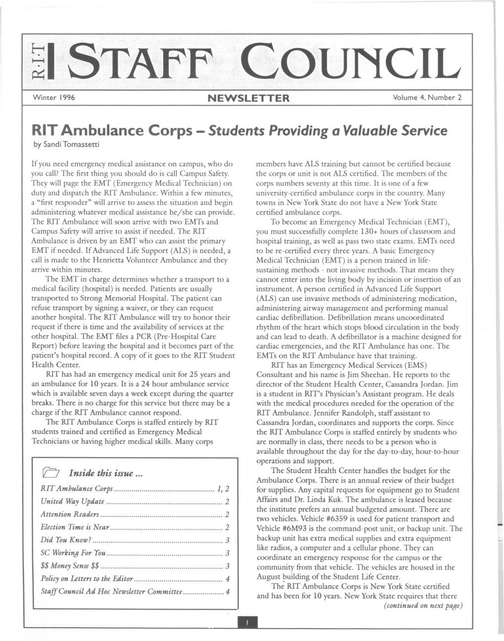 ~I STAFF COUNCIL Winter 1996 NEWSLETTER Volume 4, Number 2