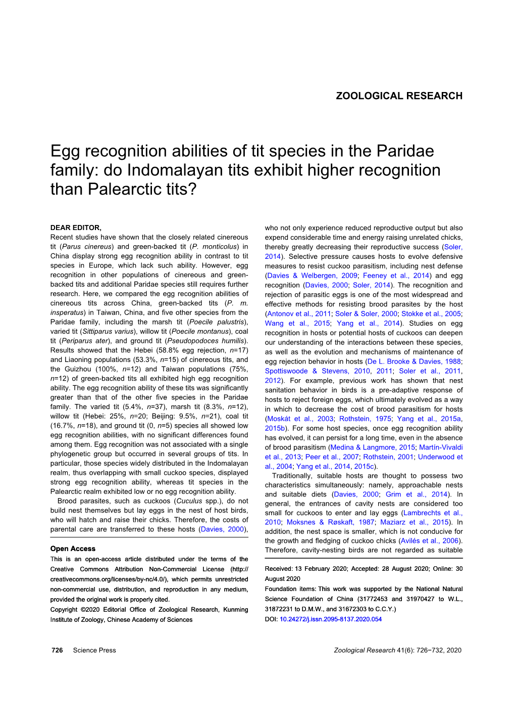 Egg Recognition Abilities of Tit Species in the Paridae Family: Do Indomalayan Tits Exhibit Higher Recognition Than Palearctic Tits?