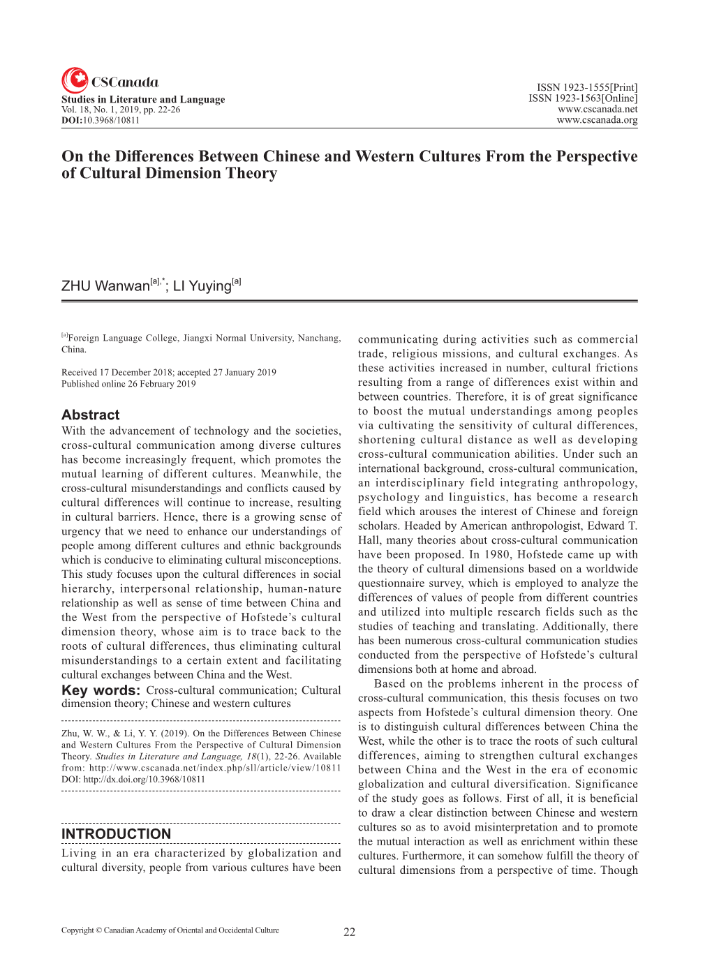 On the Differences Between Chinese and Western Cultures from the Perspective of Cultural Dimension Theory